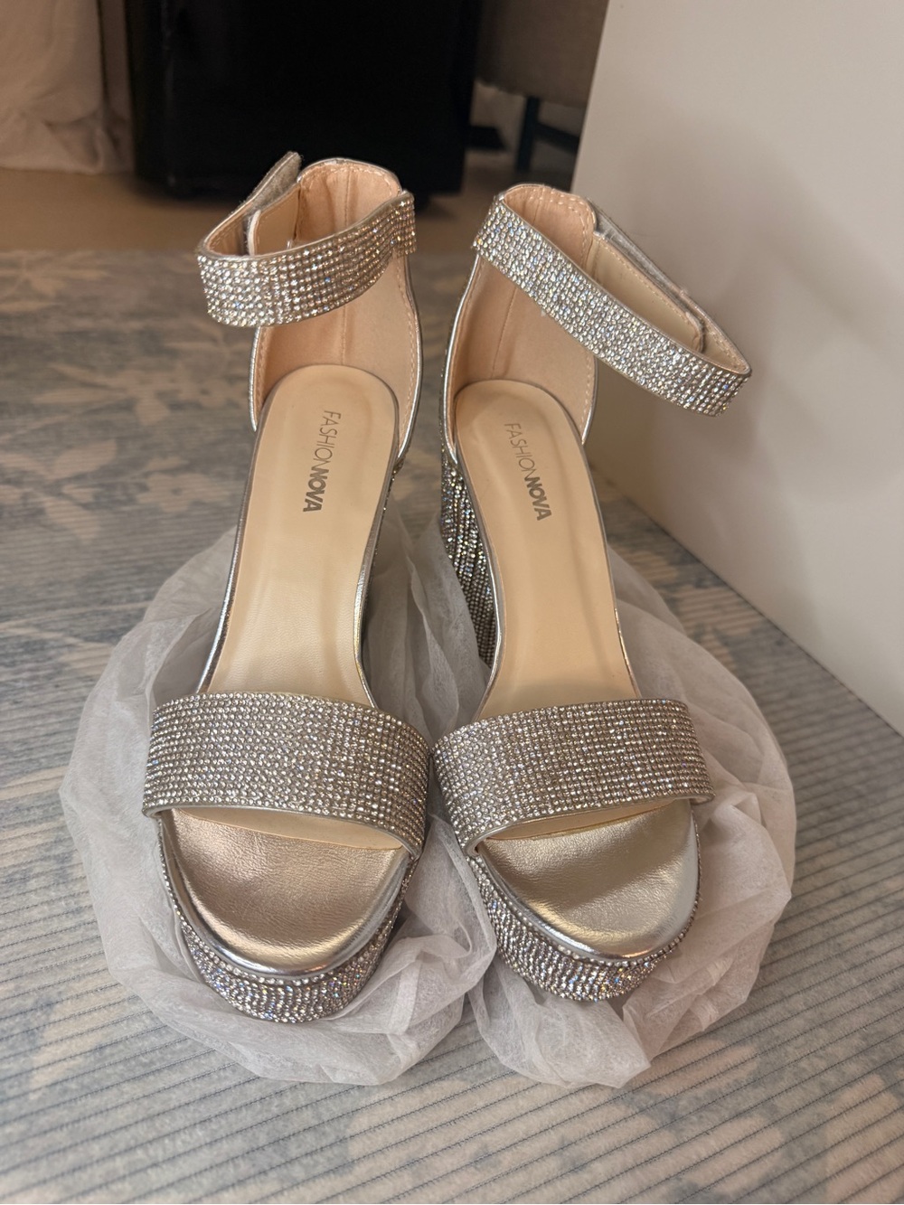 Fashion Nova Silver Crystal Ankle-Strap Platform Heels
